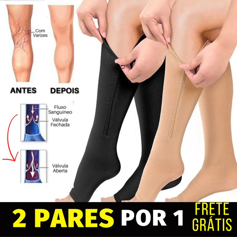 Kit 2 Pares Meias de Compressão com Zíper - Alívio Imediato das Dores e Inchaços